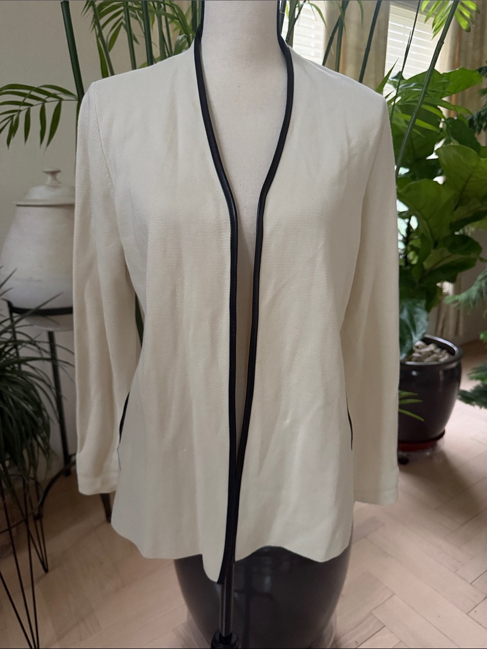 Talbots Cream Open-Front Jacket with Black Faux Leather Trim